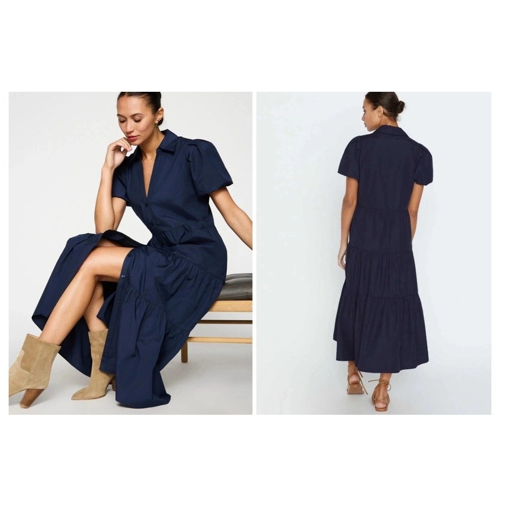 Brochu Walker Havana Dress Medium Navy Blue Midi Tiered Button Front Puff Sleeve